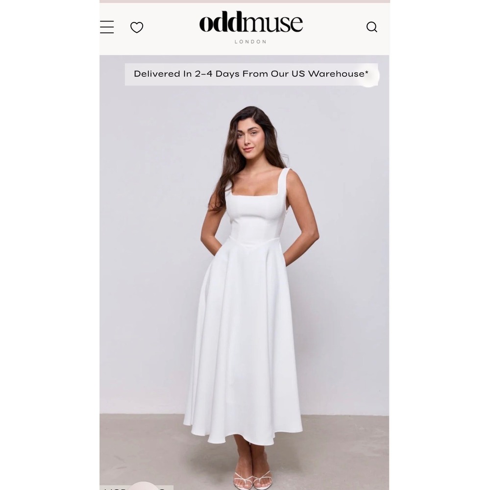 Odd Muse London Square Neck Midi Dress White MUSE-97 Size S Bridal Formal